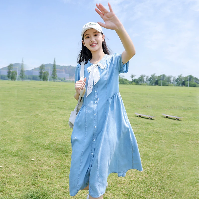 牛仔裙常规袖荡领夏季纯色连衣裙减龄宽松甜美韩版