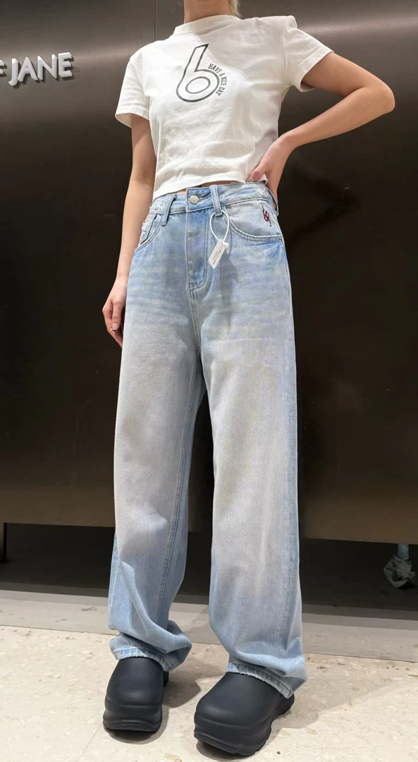 闪金浅色窄版阔腿裤春夏小个子垂感浅蓝长裤显瘦635