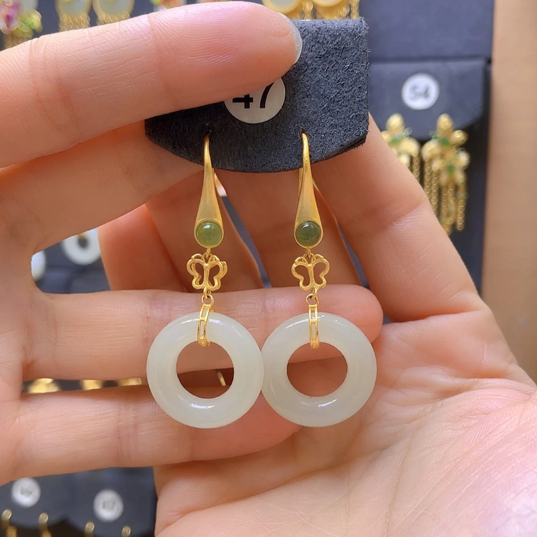 和田玉银S925镀金镶嵌耳饰