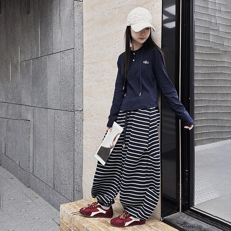 纯色女条纹套装春秋中大童束脚秋季休闲风嘻哈风阔腿宽松