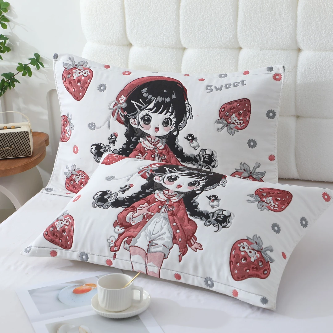 【小红帽女孩】枕巾52×78cm泡芙纱布一对装成人卡通柔软