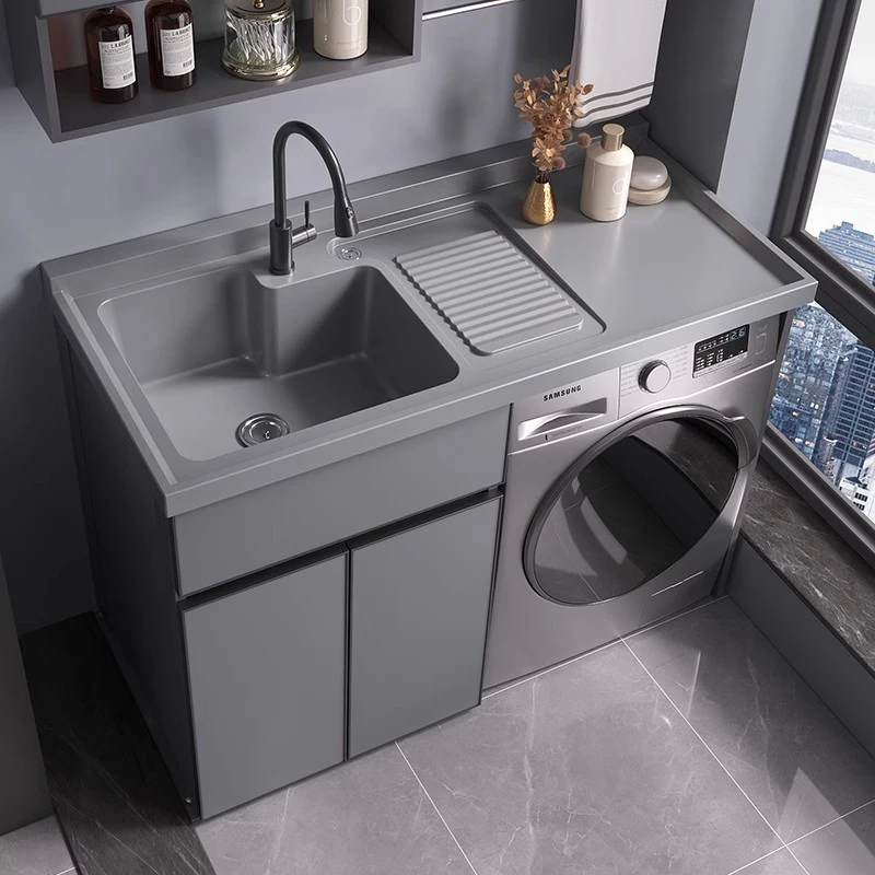 太空铝阳台洗衣柜高低一体柜洗衣池带搓板台盆组合滚筒洗衣机伴侣