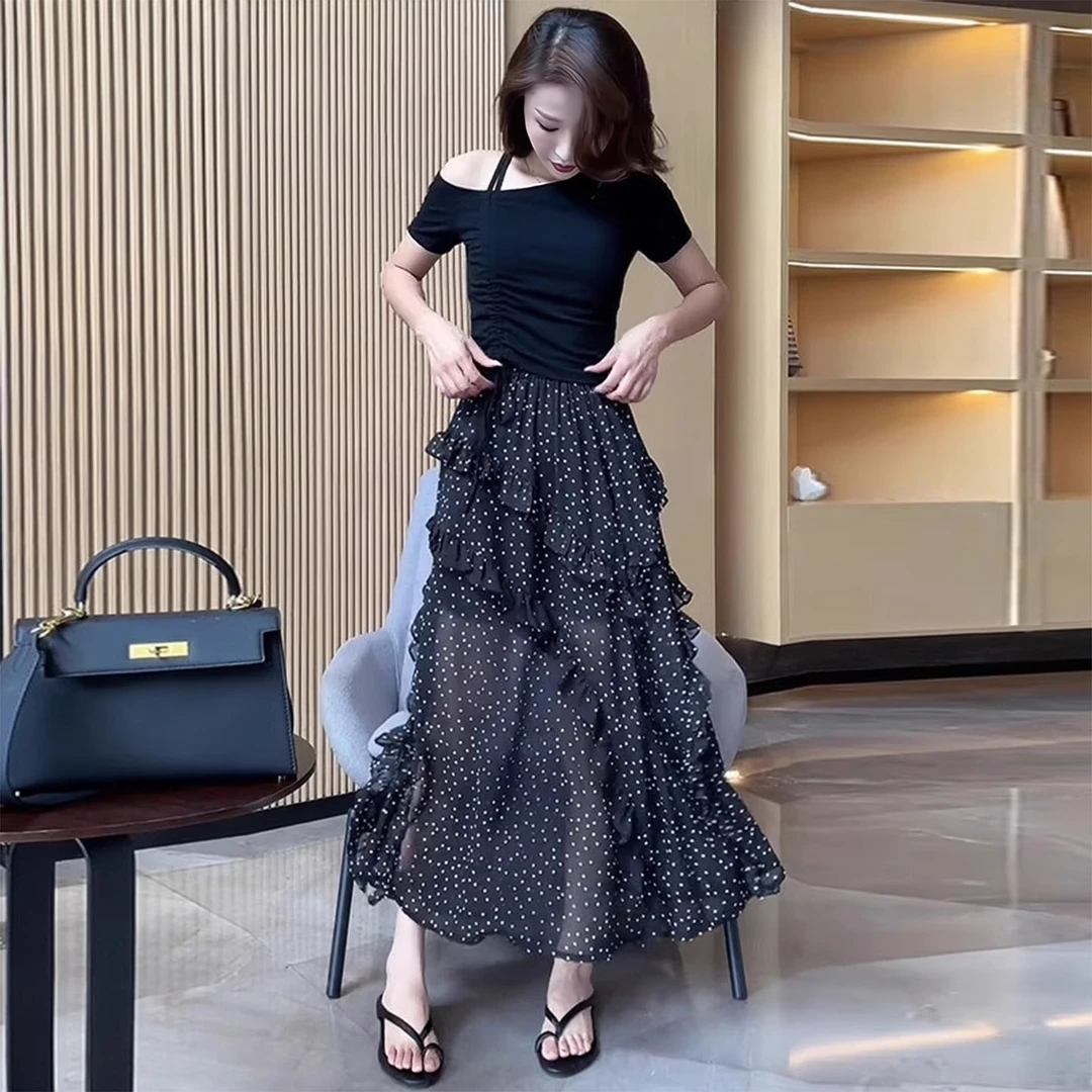 拉夏贝尔时尚套装裙女士2025夏季新款设计感上衣波点半身裙两件套