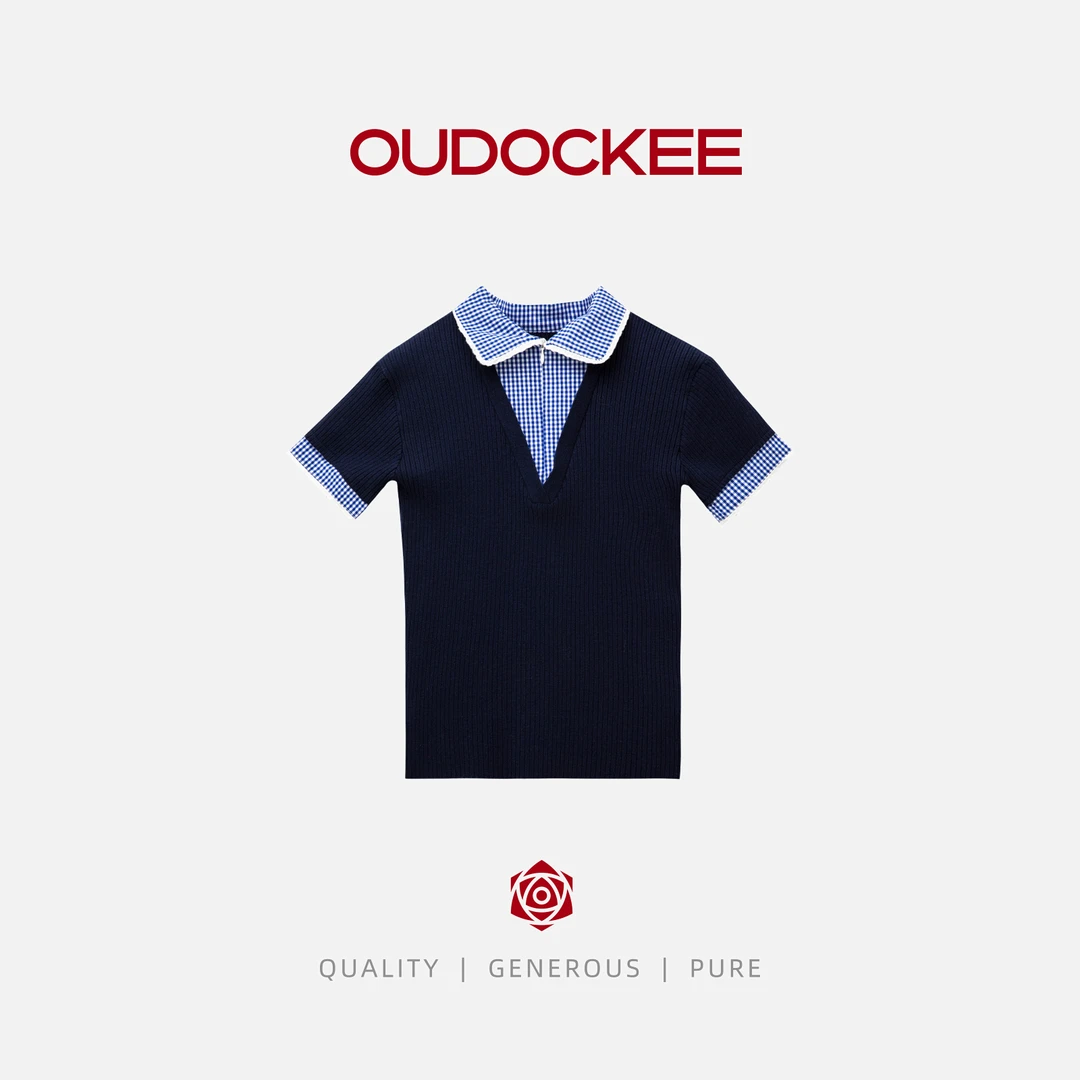 OUDOCKEE 鸥鸥【棉】朱丽叶 藏青色拼接短袖T恤上衣 H2502Y293T