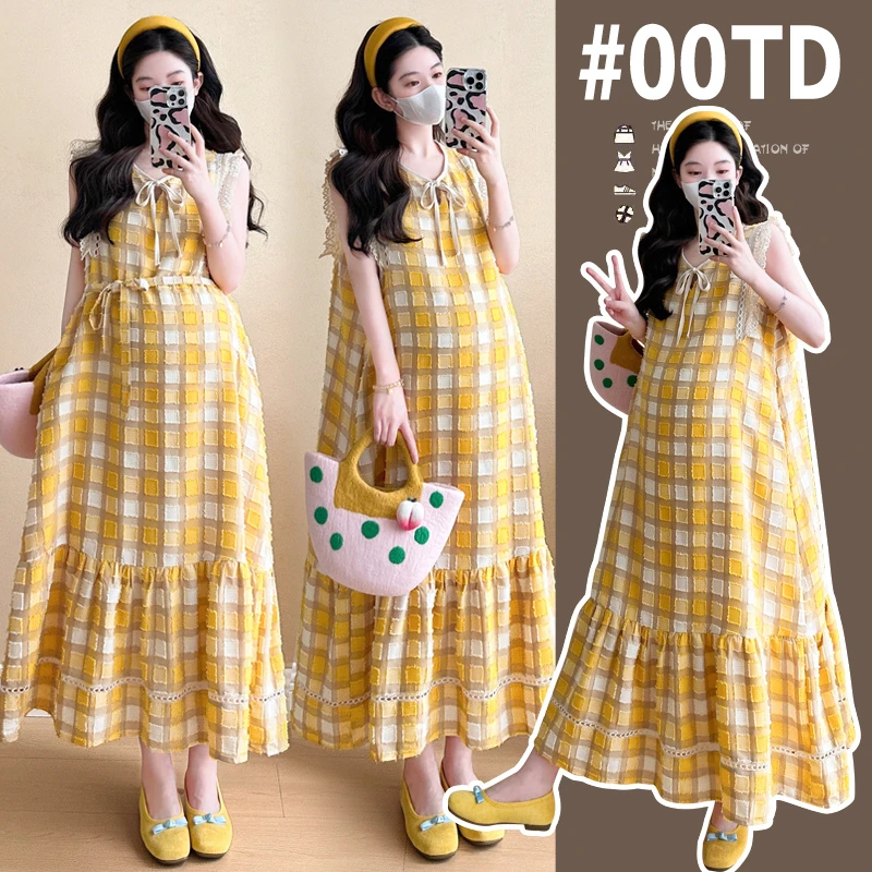 R507#3.28 无袖格子孕妇连衣裙多巴胺夏季新款荷叶边宽松v领背心