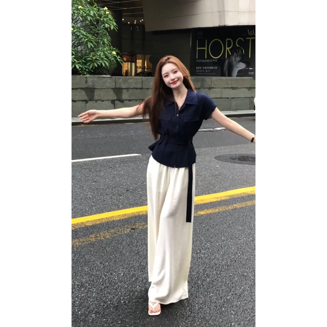 法式时尚气质POLO领收腰无袖衬衫上衣阔腿休闲长裤套装