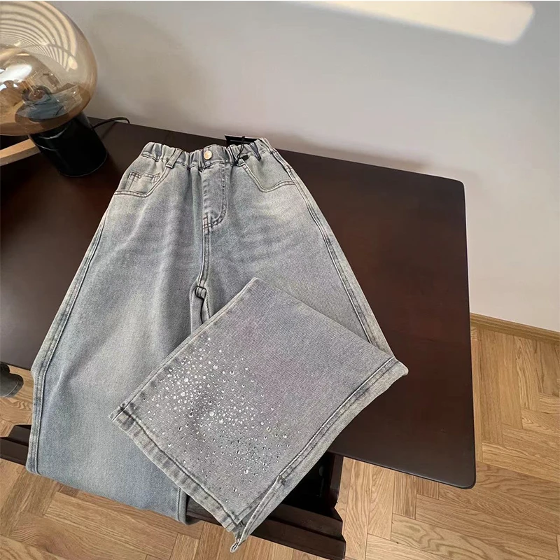 西西家高腰烫钻儿童牛仔裤时尚百搭宽松裤子6951