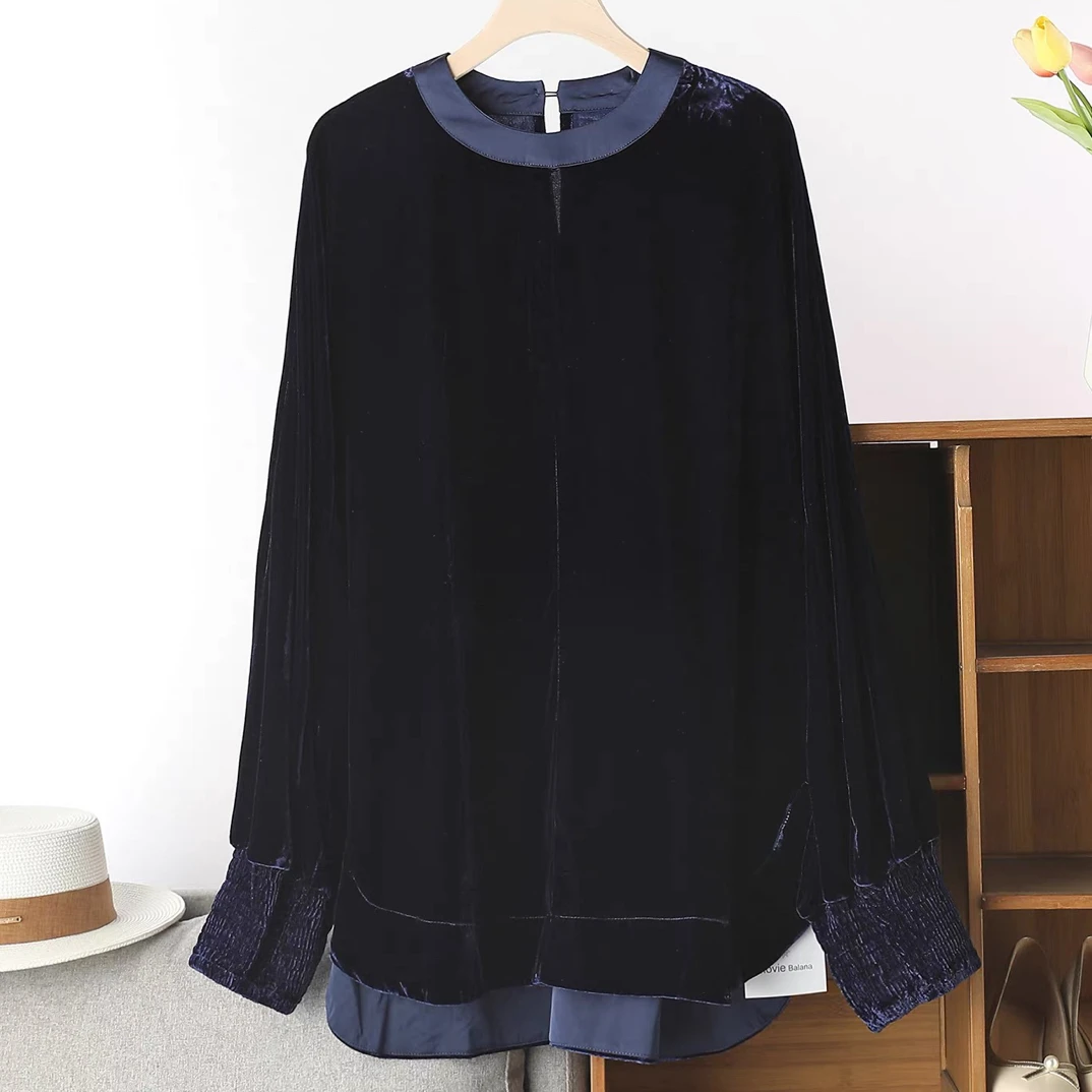 新中式纯色长袖丝绒秋季打底上衣