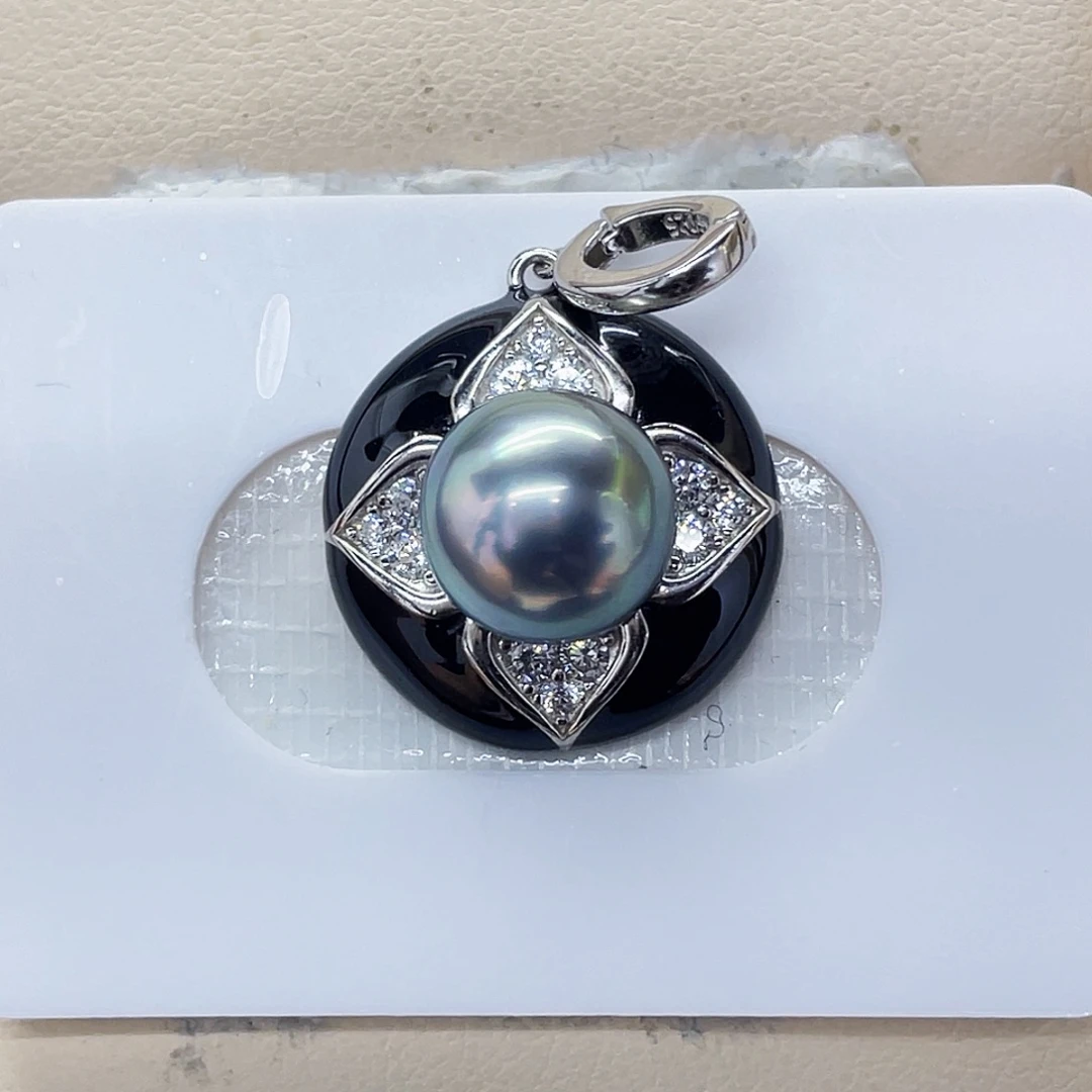 颈饰银S925镶嵌海水珍珠绿色复古小香风吊坠