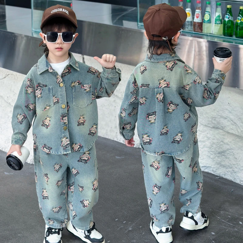 哪咤儿童服装男女童牛仔套装春秋款2025新款中国风宝宝卡通两件套