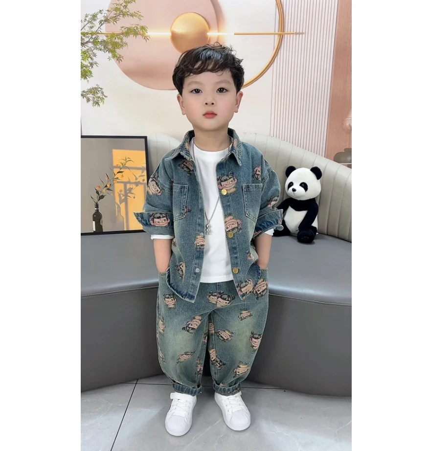 2025儿童春季新款哪吒卡通软牛仔休闲外套装可爱宽松百搭时尚882