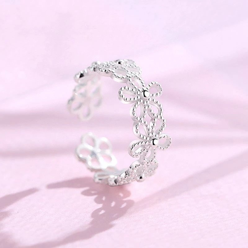 足银戒指 S990纯银镂空雕五瓣花樱花食指戒送女友情人闺蜜生日礼