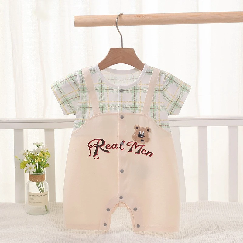 夏季新生儿男宝外穿假两件学院透气连体衣D21381