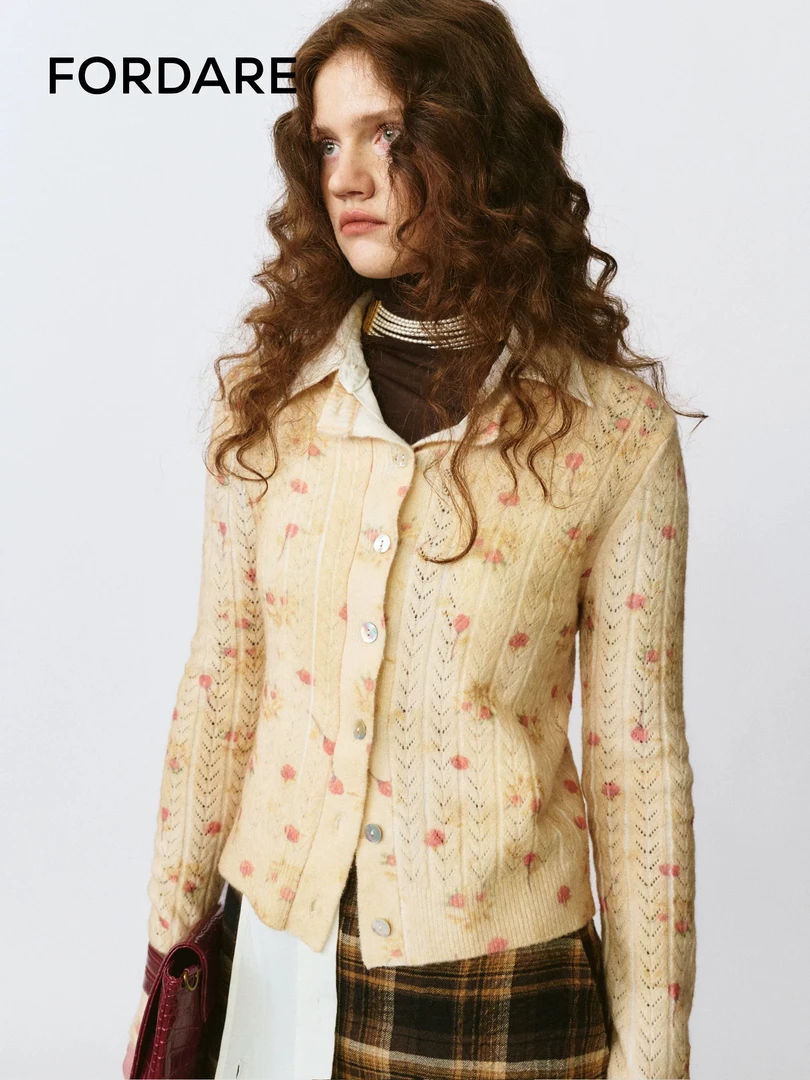 FORDARE福蝶 设计师品牌25早秋 复古感斑驳小碎花印花毛开衫