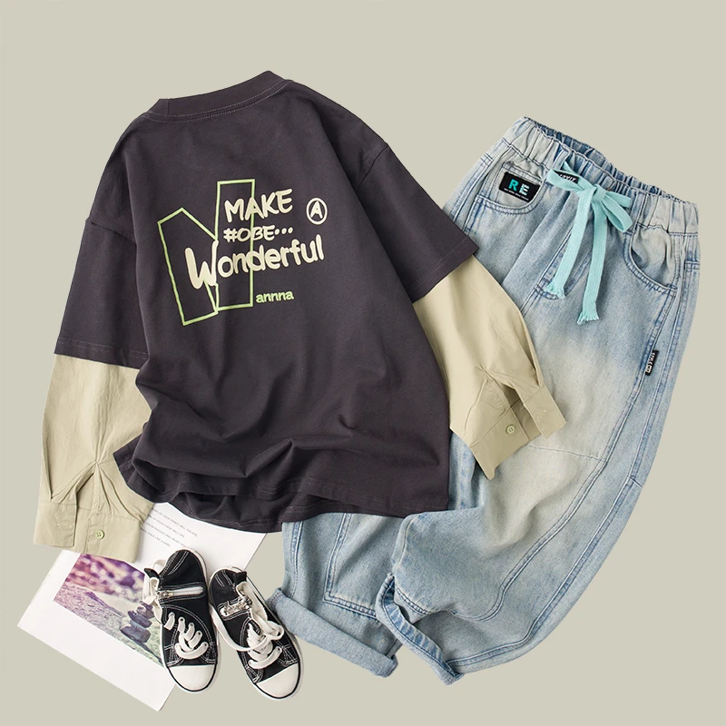 吴小越w941男童春装圆领套头拼色棉t恤长袖中大童儿童打底衫