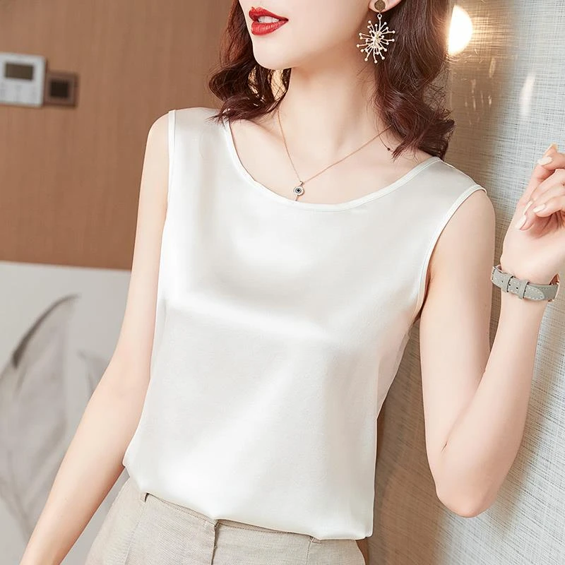 真丝吊带背心女内搭西装圆领宽松黑白色打底纯色v领上衣夏