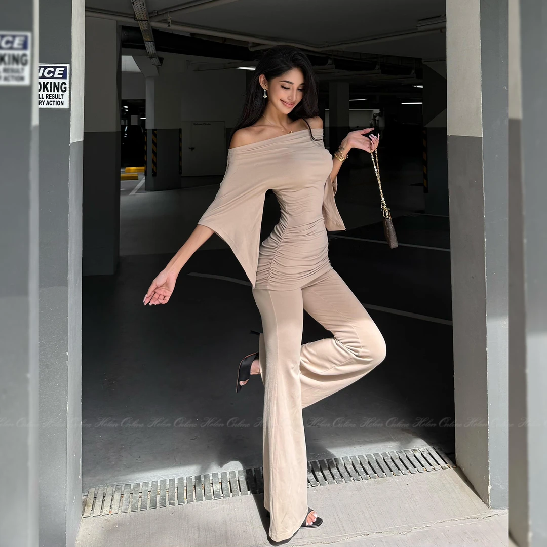 HELEN/慵懒极简感/气质修身蝙蝠袖上衣显瘦长腿喇叭裤两件套T243