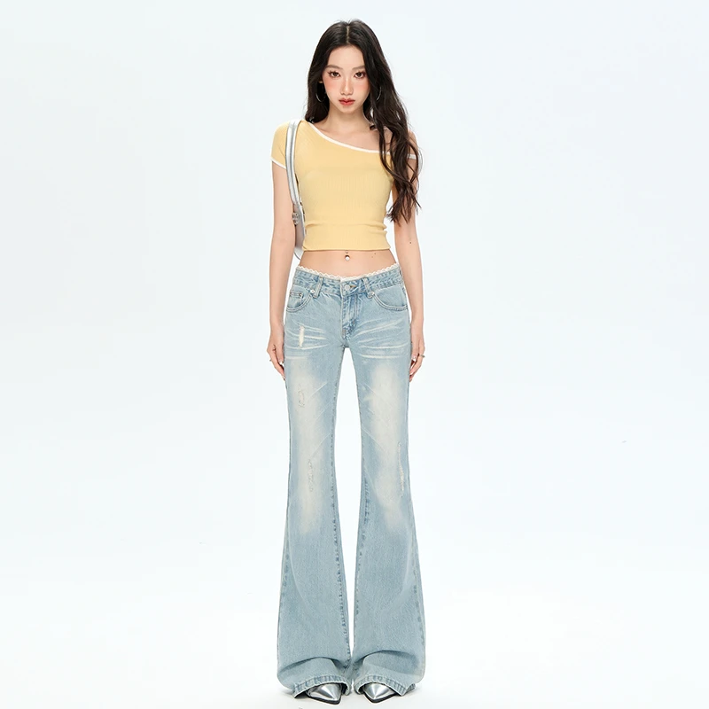 2025秋冬新款低腰显瘦破洞喇叭裤子设计感蕾丝腰头微喇叭牛仔裤女