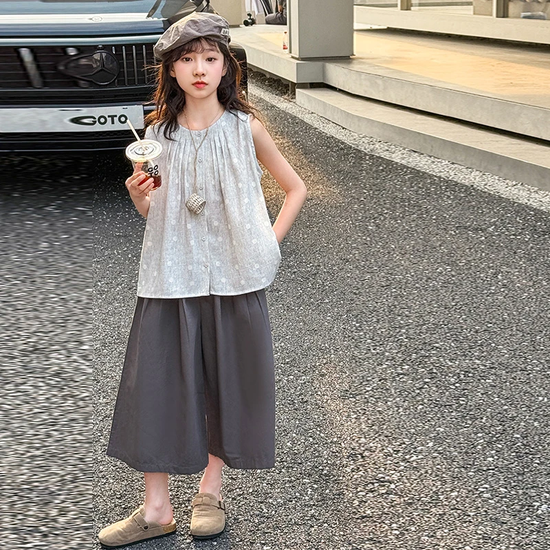 女童夏装套装2025新款女孩洋气无袖衬衫阔腿裤亚麻棉布休闲两件套