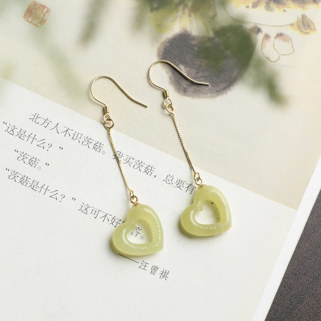 925银镶新疆黄口和田玉爱心耳坠