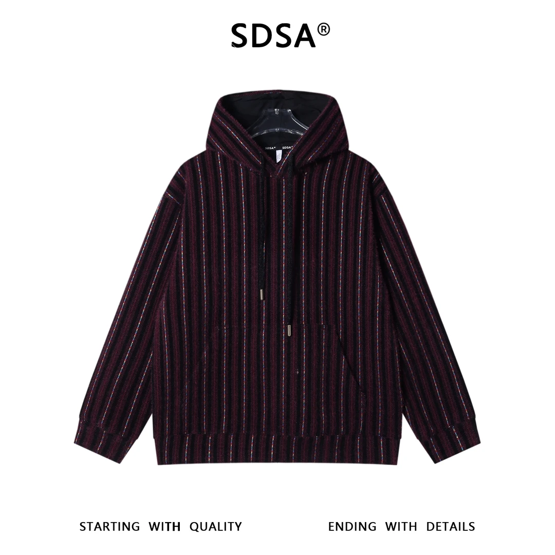 SDSA秋冬新款痞帅男装简约绒毛竖纹彩色抽绳连帽卫衣百搭套头上衣