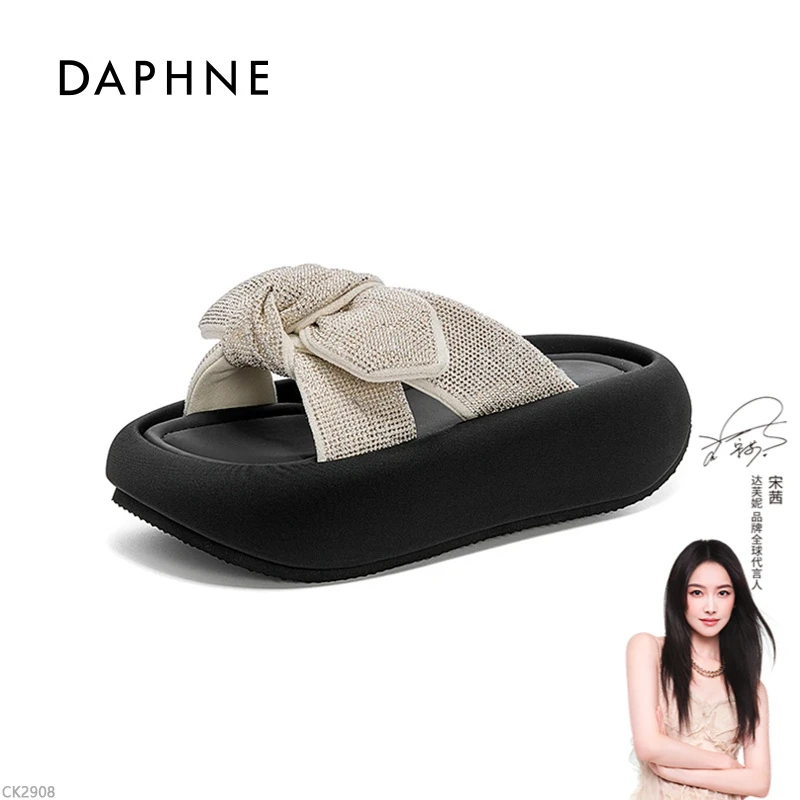 达芙妮厚底交叉绑带凉鞋女2025夏新款镂空透气网红一字拖懒人鞋L