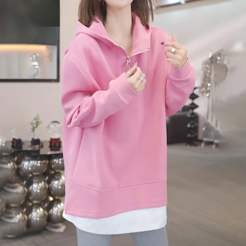 假两件半拉链连帽卫衣秋季新款胖MM大码女装宽松简约百搭长袖上衣