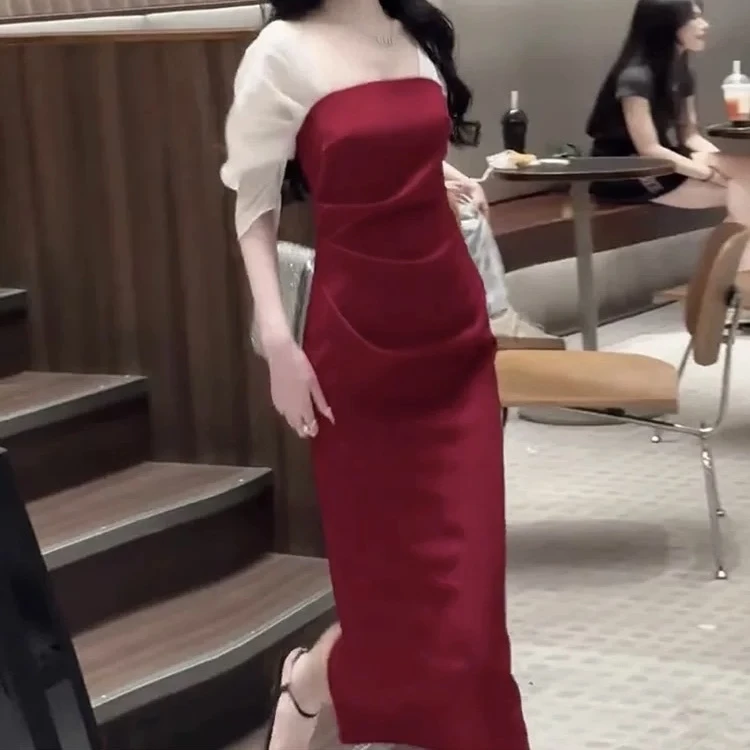 2025夏季新款气质女装正式场合高端精致绝美红色拼接泡泡袖连衣裙