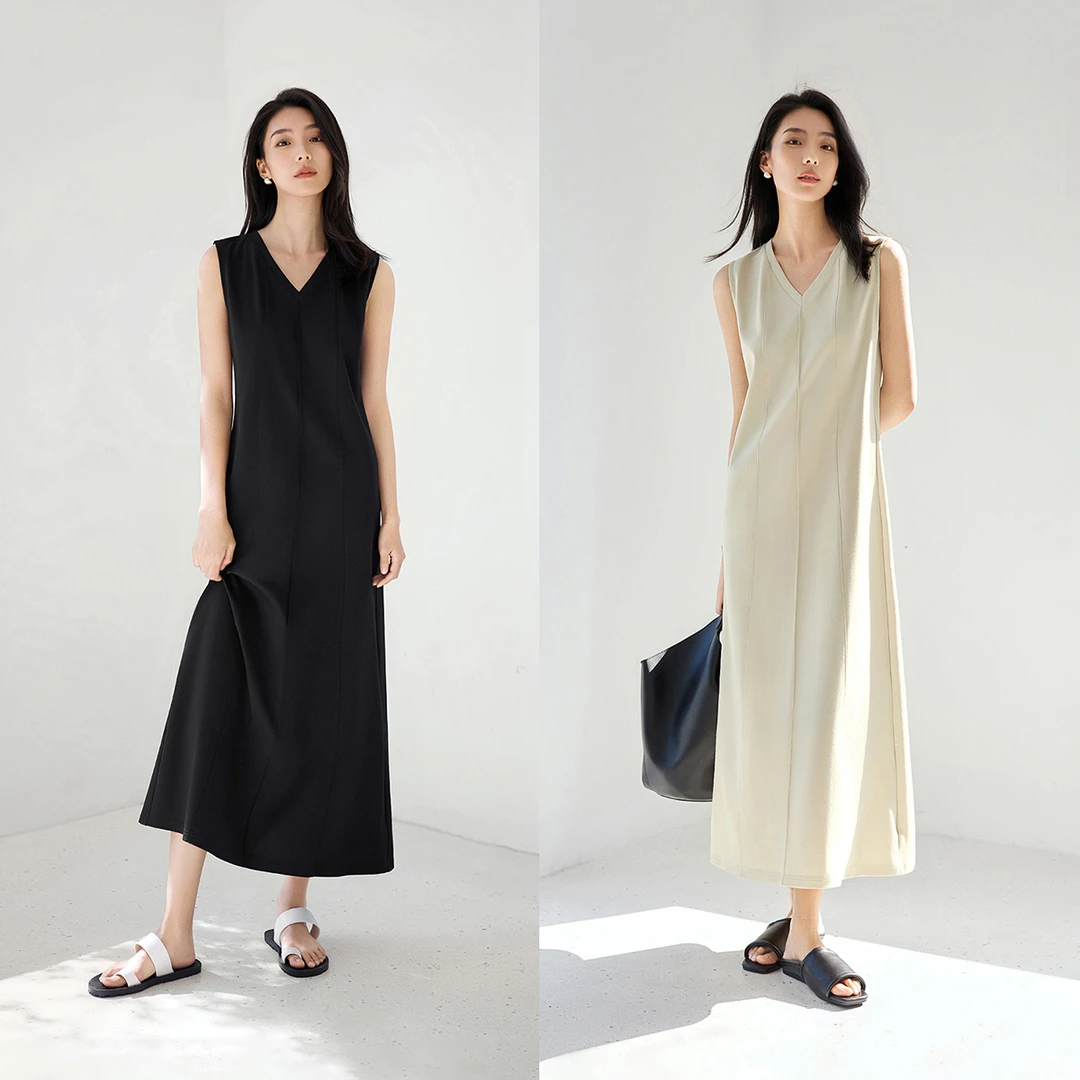 IHIMI/海谧老钱风时髦无袖背心连衣裙女2025年夏季柔软松弛感长裙