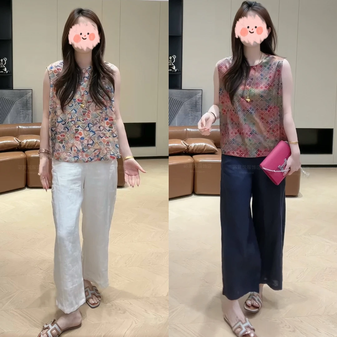 2025夏季时尚复古新中式提花无袖单排扣上衣显瘦轻薄阔腿裤套装女