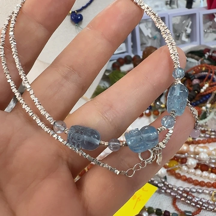 清****戒圈银S925镶嵌海蓝宝石通体碎银子貔恘海蓝宝天然结构