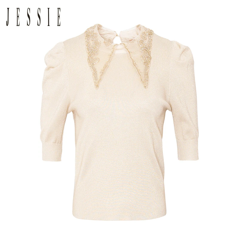 JESSIE时尚刺绣娃娃领显瘦羊腿袖针织毛衫上衣女春秋
