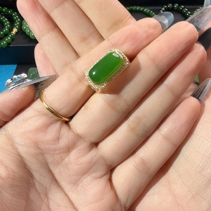 超***和田玉（碧玉）戒指银S925镀金镶嵌