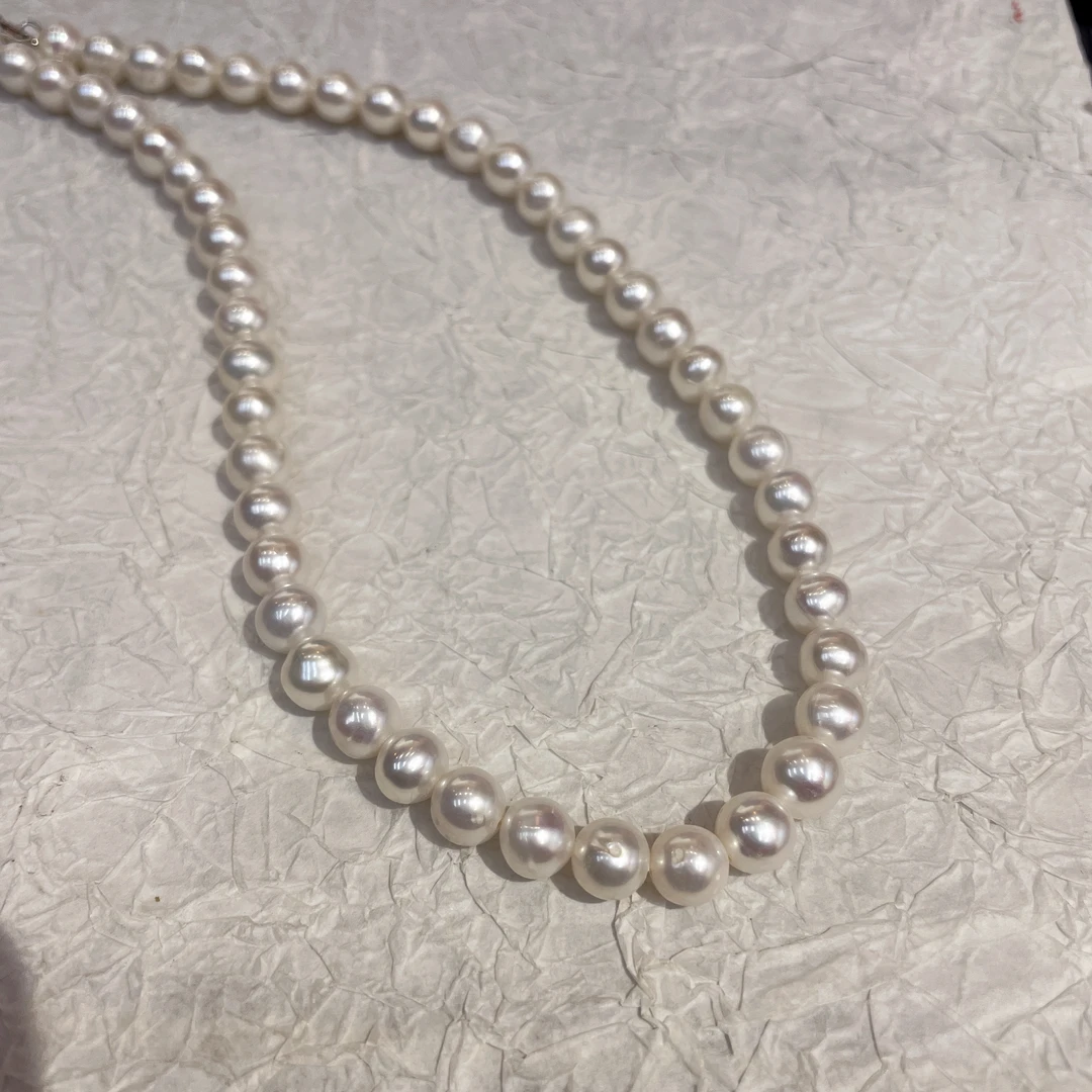 链子925银 7734 8mm左右白色淡可刮粉珠珠项链 银色底