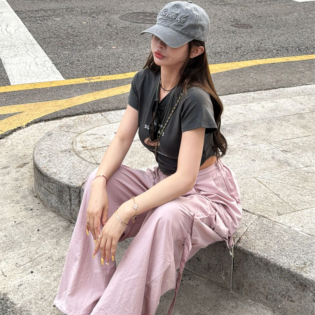 【YKL】街头甜心 深灰帽子图案休闲短袖/粉色双兜抽绳工装裤