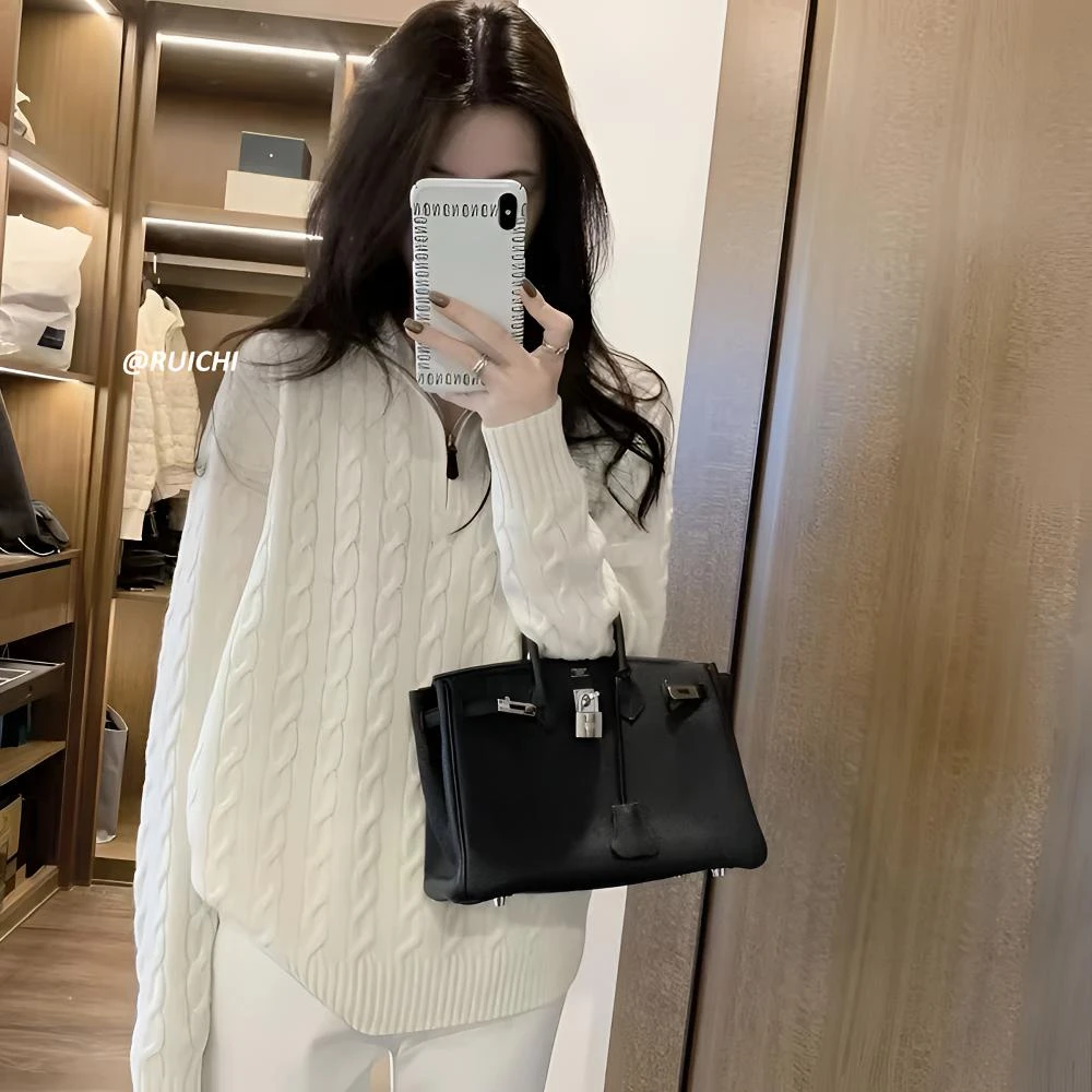 韩系2025秋季新款半高领皮扣纽绳设计长袖宽松针织打底衫上衣女