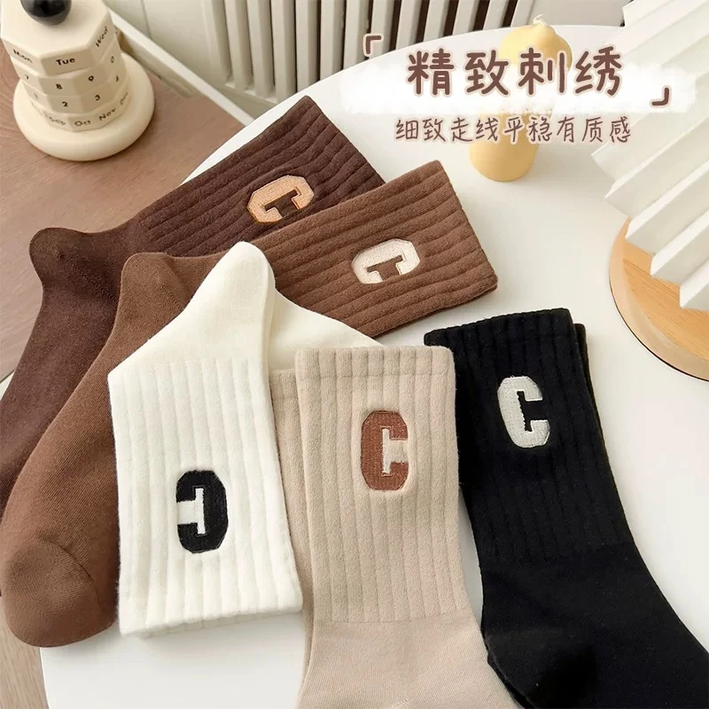 【拍5双送5双】C字母袜子女秋冬季日系中筒袜堆堆袜春天长筒袜运动