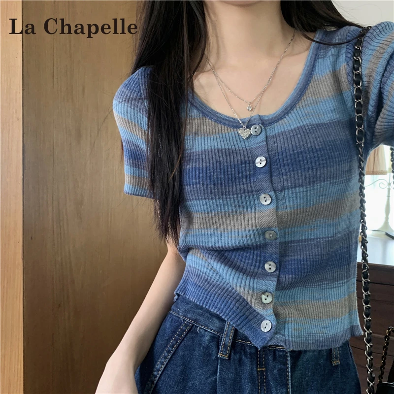 拉夏贝尔彩虹条纹针织短袖T恤女2025夏季新款甜美减龄显瘦短上衣