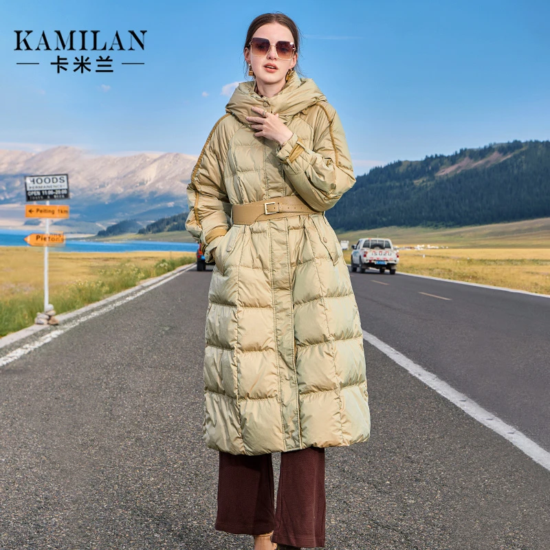 卡米兰白鹅绒羽绒服女2025冬季新款时尚中长款保暖鹅绒服外套连帽