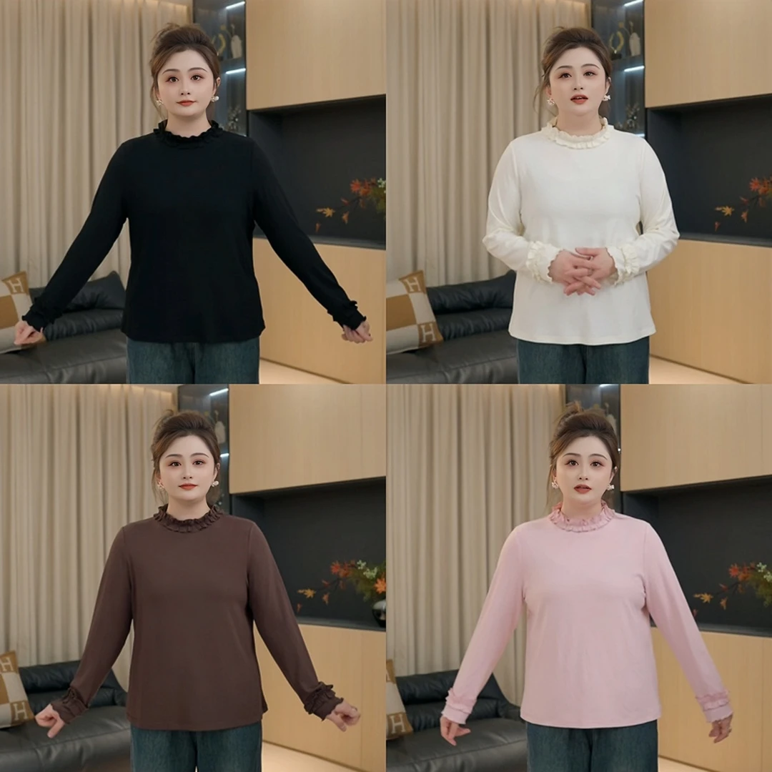 【胖佳佳】现货~花间晴 木耳边半高领打底衫冬季百搭T恤H625Z19576