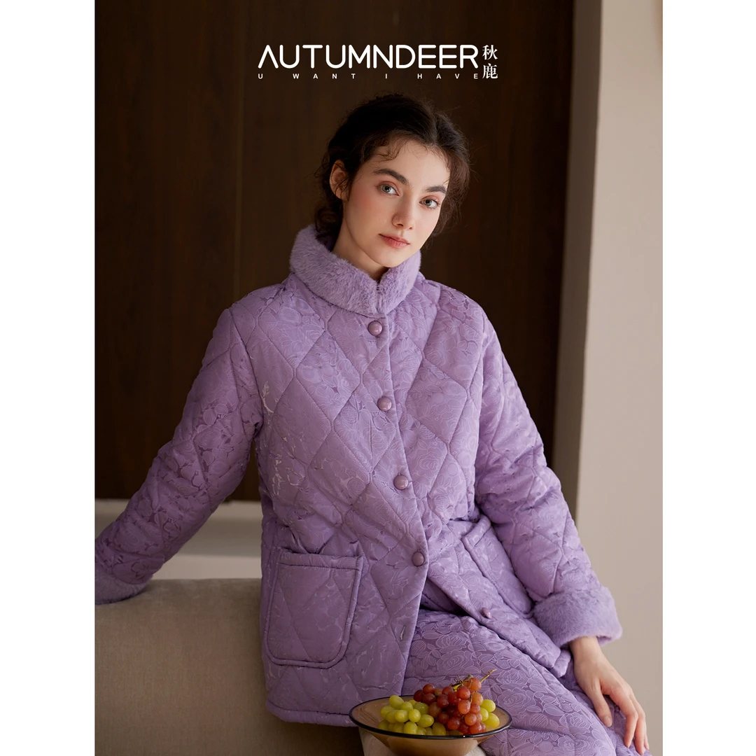 秋鹿新款加厚加绒梭织提花三夹棉立领长袖长裤女套