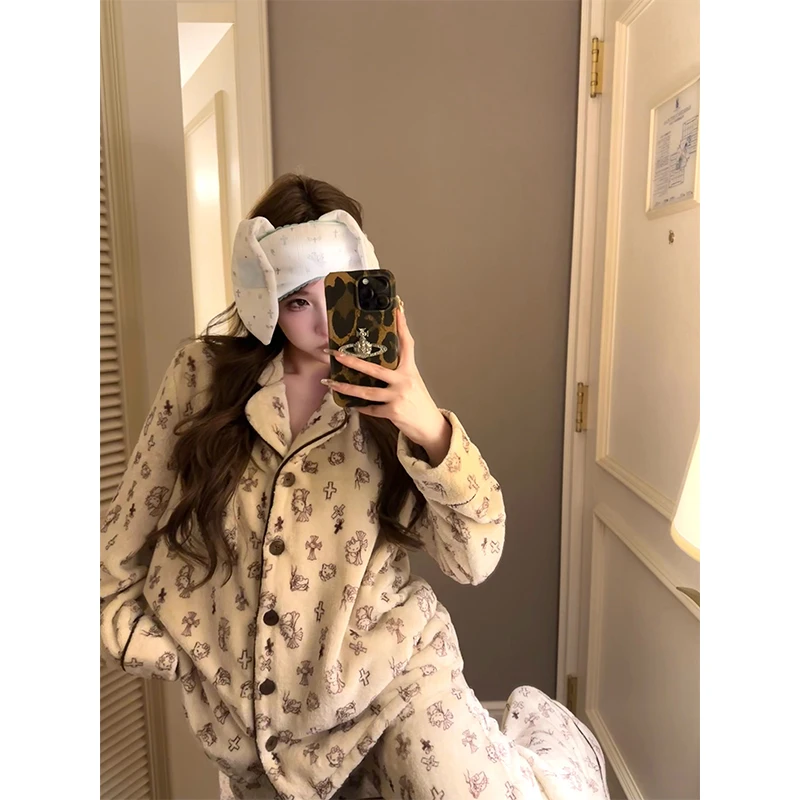 FuunJ◆团宠kt2.0复古设计感高级睡衣女冬季长袖套装毛绒家居服