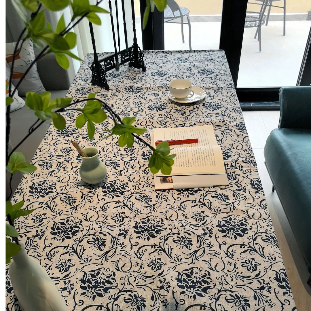 国风青花瓷莲花纹禅意印花棉麻布料桌布门帘布窗帘布料布头摊位布