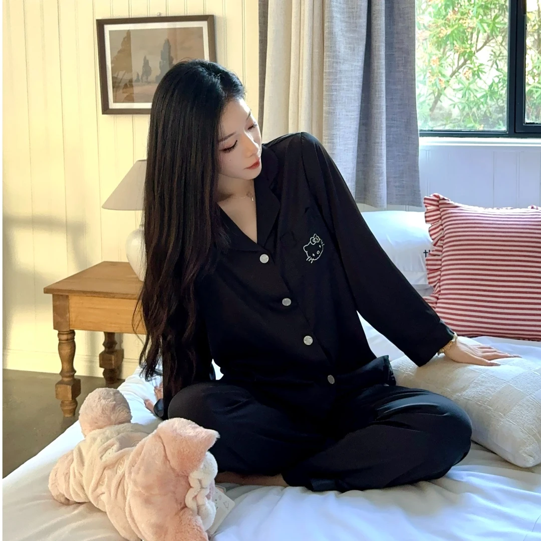 【缎面好面料】春秋季夏天女士长袖睡衣简约黑色冰丝kt猫家居服套装