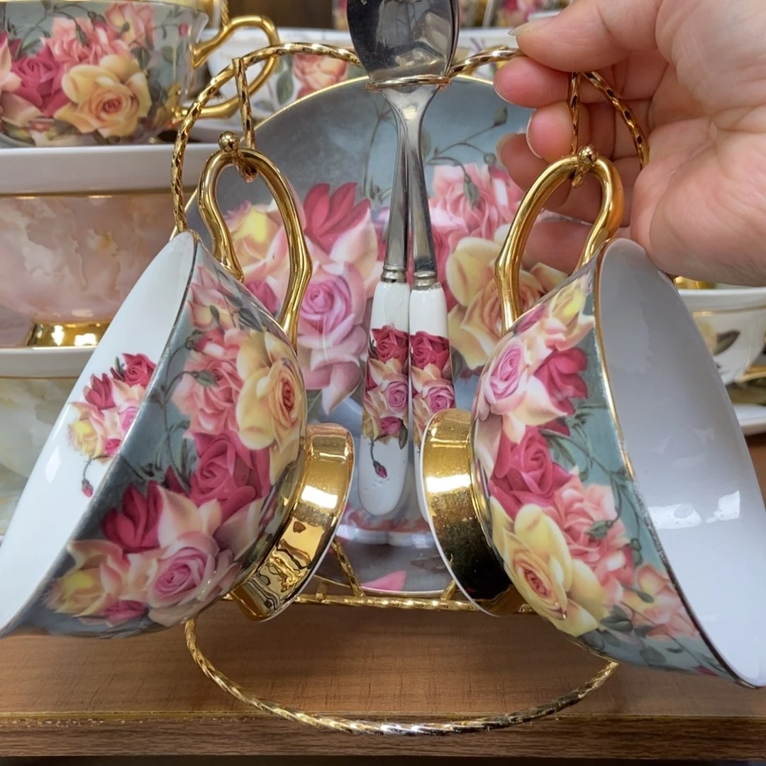 摆件经典玫瑰两杯碟送杯架快递装