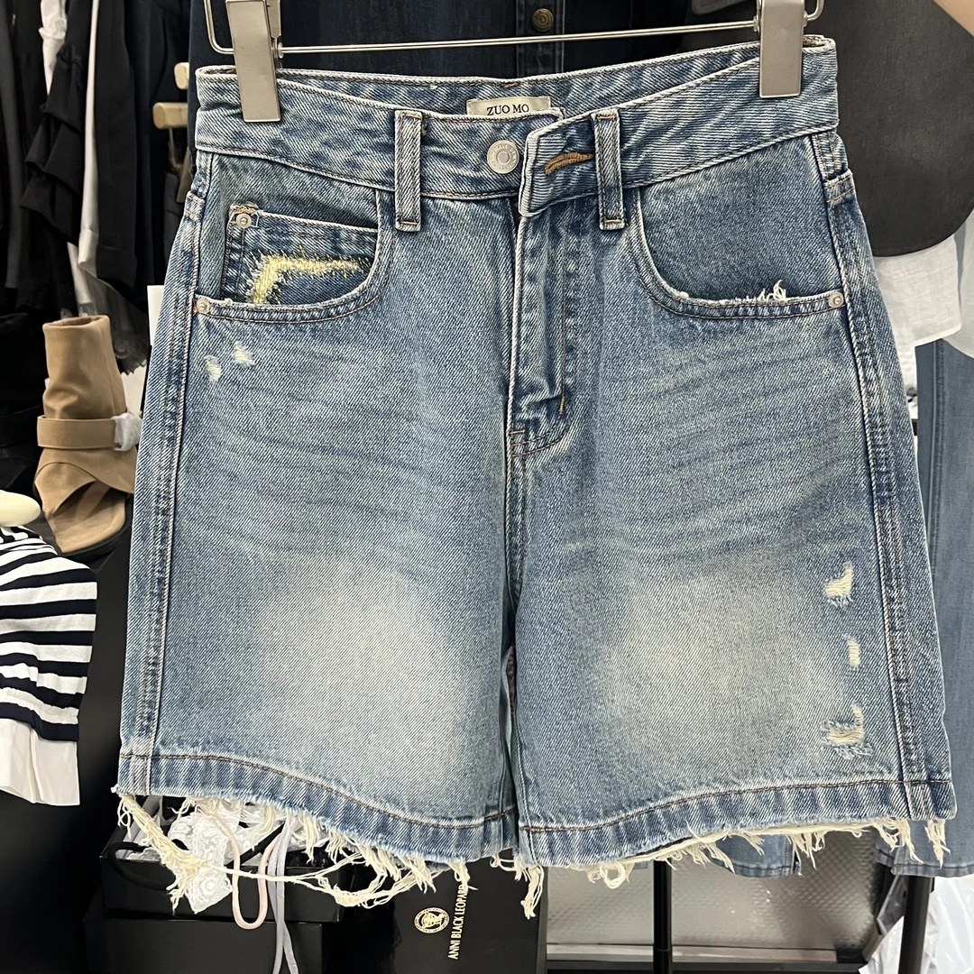 韩版四分裤破洞牛仔短裤2025新款直筒新款设计显瘦高腰短裤夏女