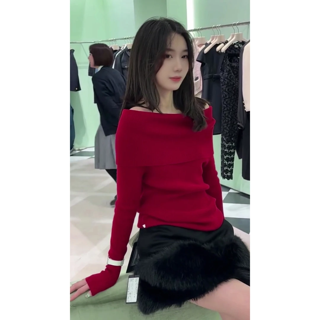 名媛风一字肩露肩性感多穿法百搭修身弹力长袖红色系针织衫打底衫