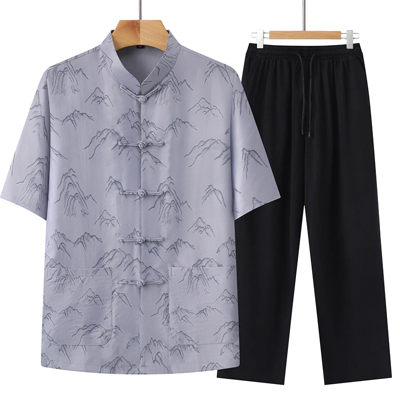 中老年人唐装短袖夏季薄款汉爸爸装休闲中国风冰丝太极服套装男
