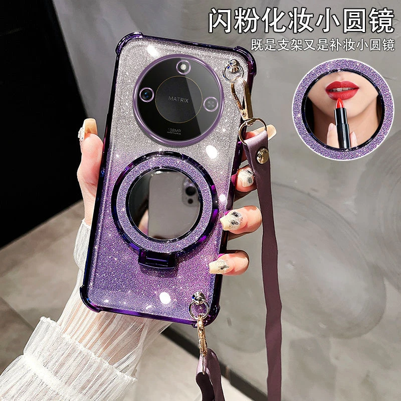 适用荣耀X70手机壳斜跨软壳MTN-AN00镜子支架女款HONOR全包带挂绳