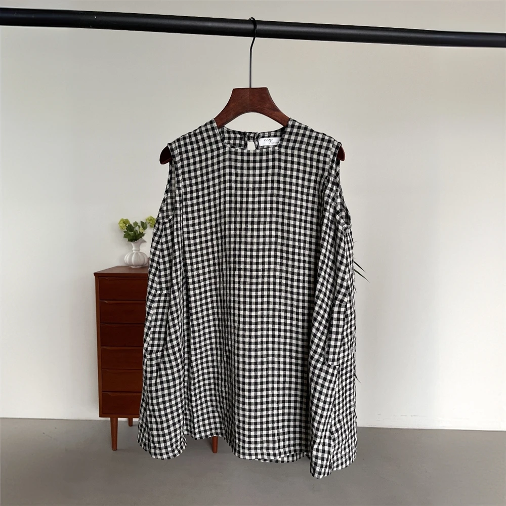 满壹原创【黑白格子背心】法国100%亚麻女XS小个子中长款日系上衣